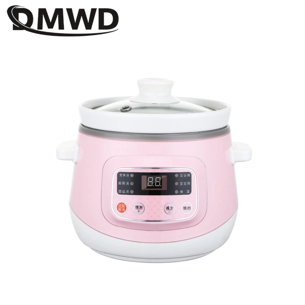 DMWD Household Electric Slow Cooker 1L Stew Pot Porridge Soup Pot Casserole Ceramic Liner 24H Appointment 6 Function 220V