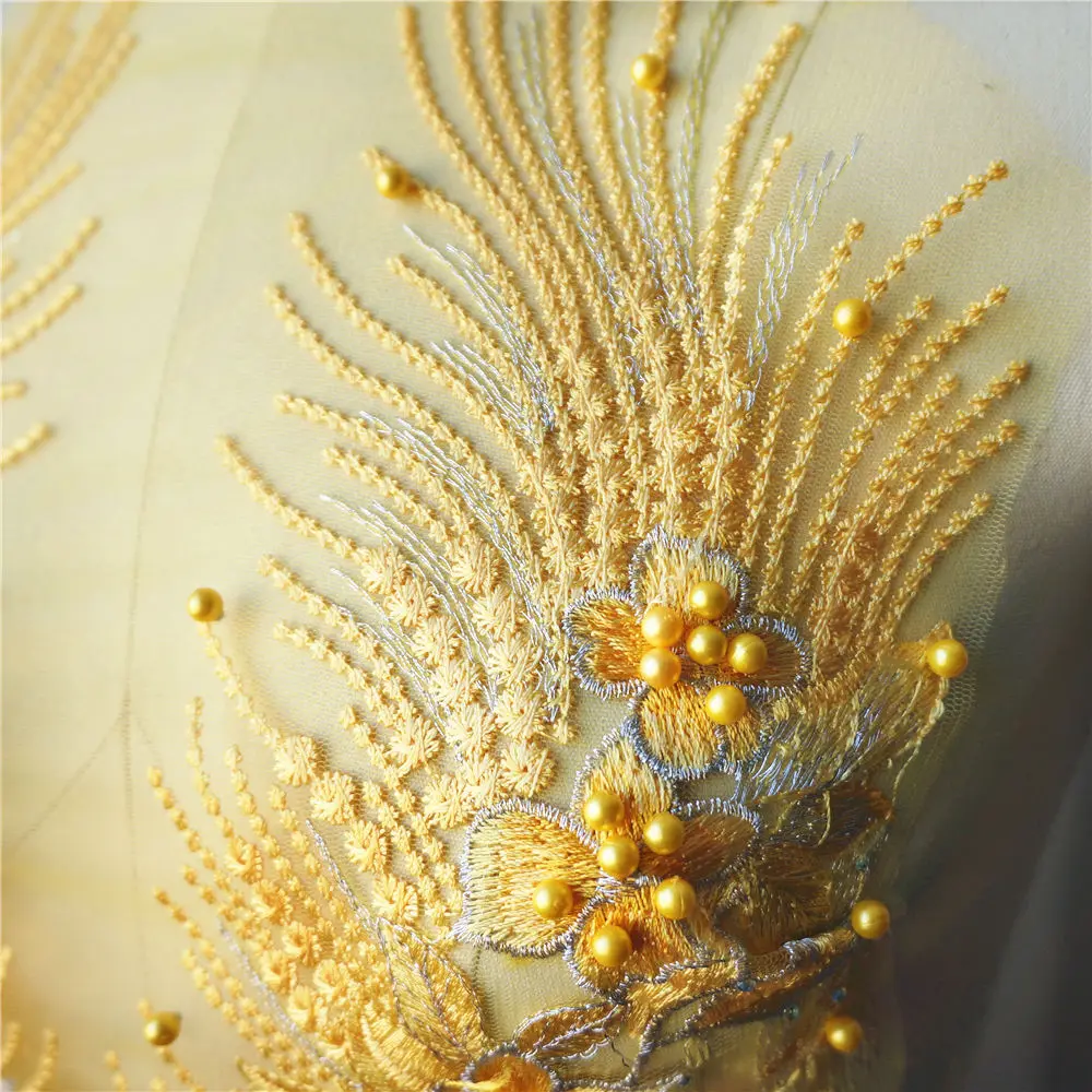 Yellow Lace Fabric Flower Tassel Beads Rhinestone Embroidered Gown Appliques Trims Collar Mesh Sew Patch For Wedding Decoration