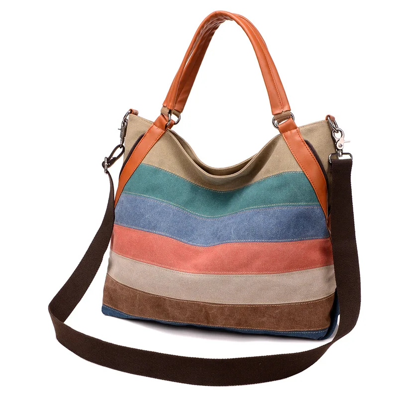 Women Canvas Handbags High Quality Female Colorful Stripe Messenger Bags Fashion Tote Female Eco Crossbody Bag Totes Bolsas