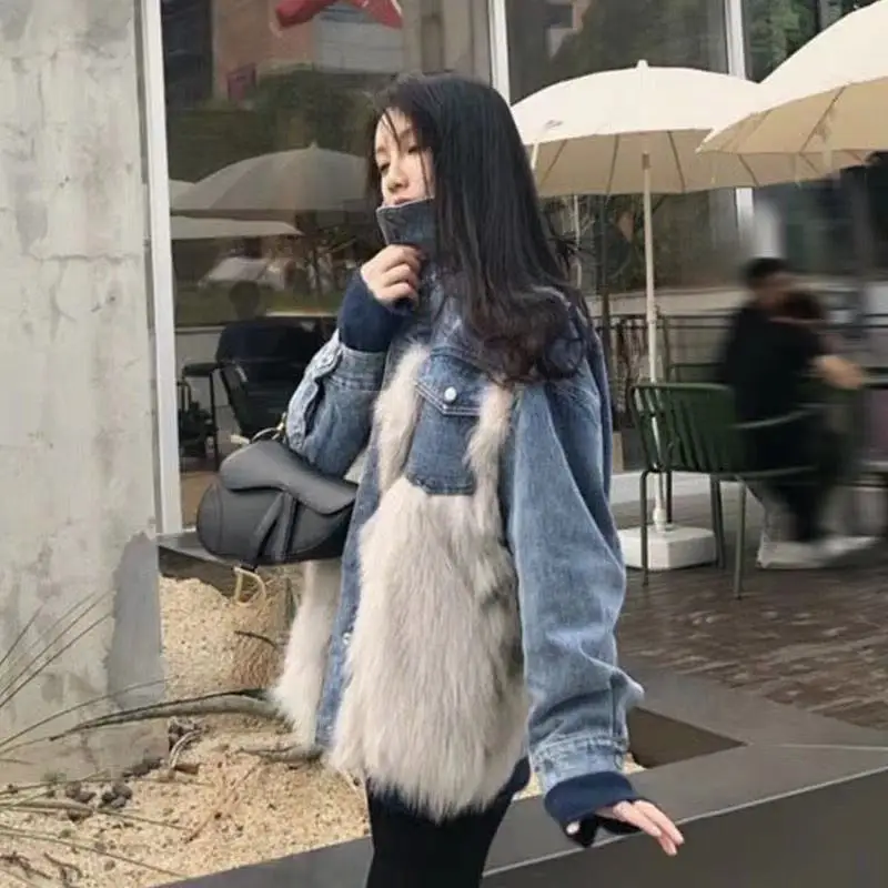 Female Winter cowboy Fake fur coat Casual Outerwear Loose plus size Thick Warm Denim Jacket Women Fake fur overcoat