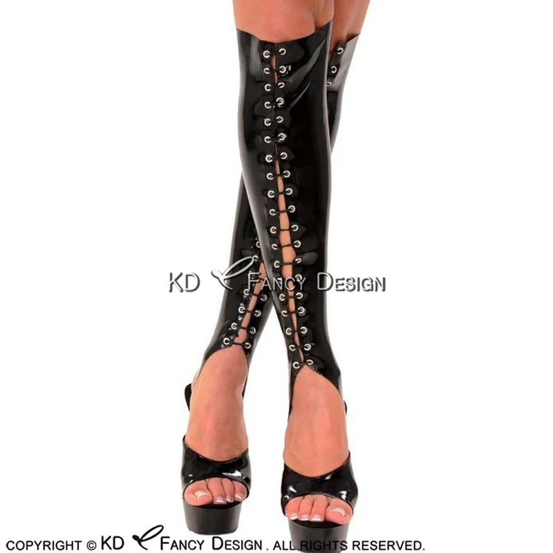 Black Sexy Long Rubber Latex Socks With Cutting Feet Lacing Front And Back Zipper Knee Length WZ-0038