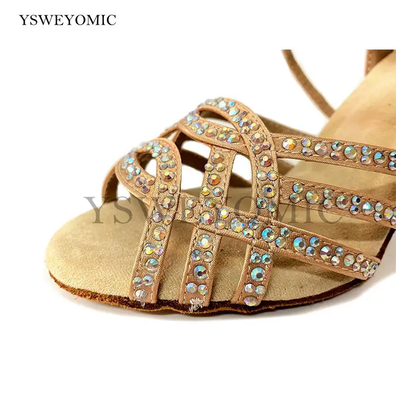 Elegance Latin Salsa Dance Shoes Flesh Khaki Satin Rhinestones Customized Heel 7cm Indoor Outdoor Women Latin Ballroom Shoes