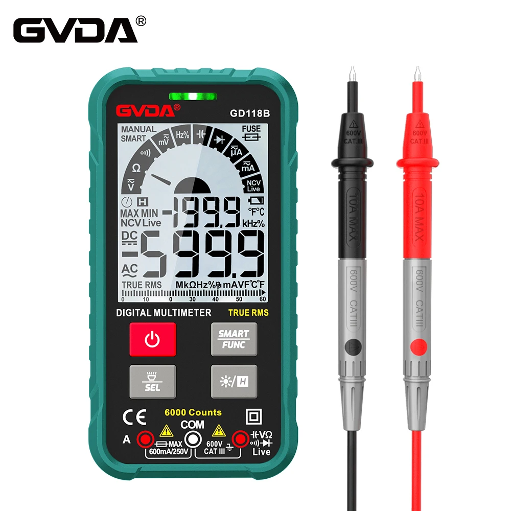 GVDA-multímetro Digital Ture RMS, 6000 recuentos, rango automático, NCV, probador inteligente, CA, CC, voltaje, capacitancia, Ohm, Hz