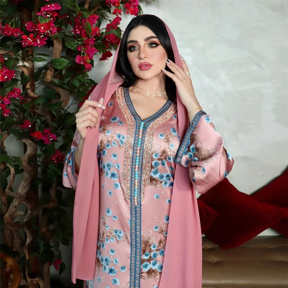 

Eid Party Caftan Dress for Abaya Satin Print Muslim Women Dubai Saudi Arabic Robe Islamic Kaftan Moroccan Ramadan Jalabiya Gowns