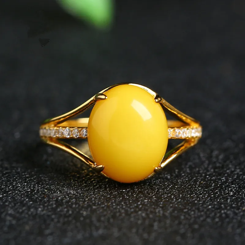 Cellacity Ethnic style Silver 925 Jewelry Big Oval Yellow Amber Ring for Women Gemstones Opening adjustable Anniversary Gift