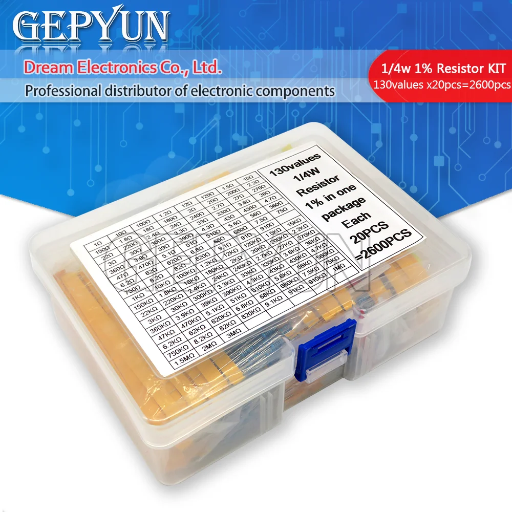 2600pcs/lot 130 Values 1/4W 0.25W 1% Metal Film Resistors Assorted Pack Kit Set Lot Resistors Assortment Kits Fixed resistor