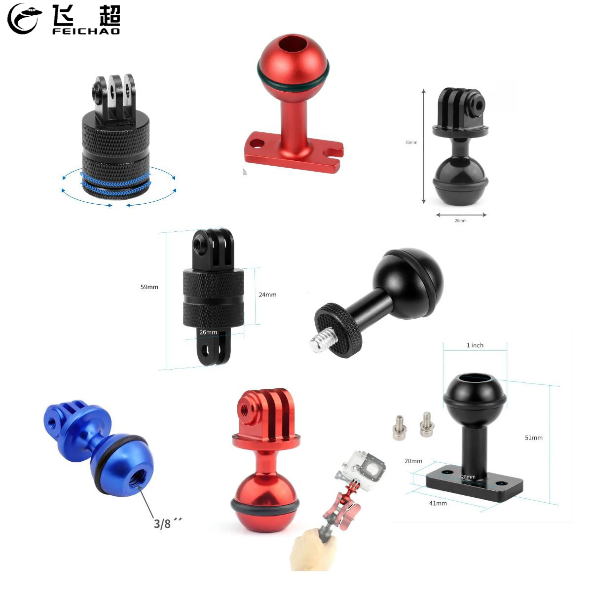 Cabeça de bola clipe braço câmera subaquática luz mergulho bola cabeça borboleta clipe adaptador montagem para gopro para dji osmo360 ação 4 3 2