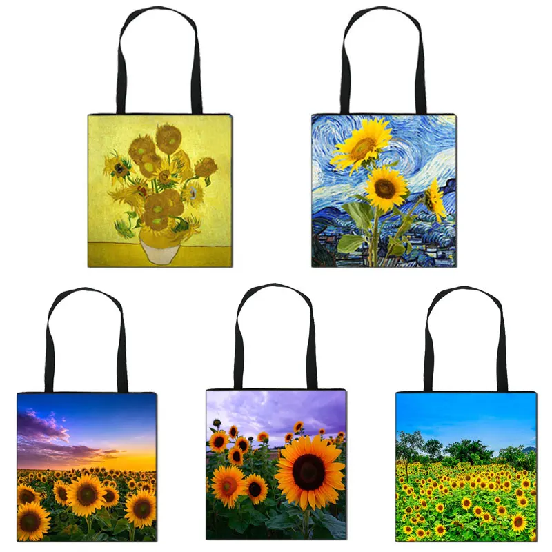 Van Gogh Sunflower Casual Tote Bag Women yellow Sunflower Canvas Shoulder Bag Ladies Fashion Handbag Large Capacity Shopping Bag