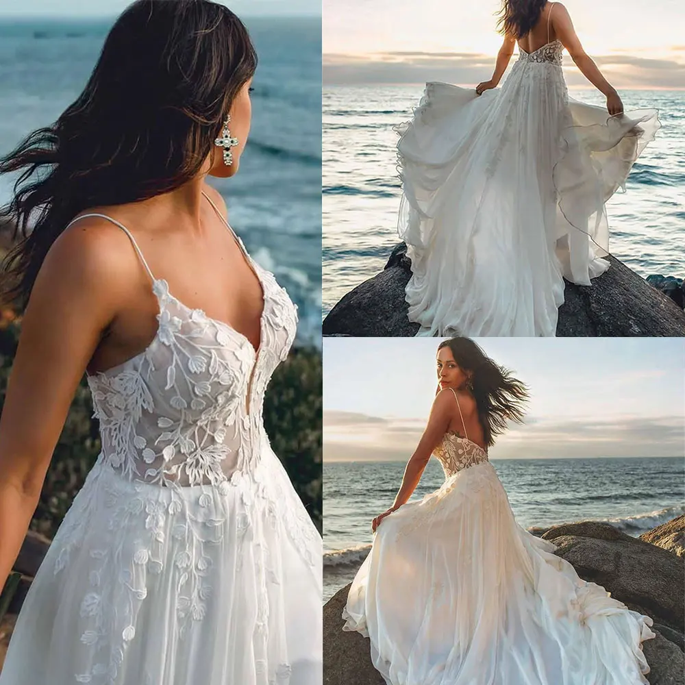 Elegante vestido de casamento de praia a linha cintas de espaguete chiffon rendas apliques sem costas varredura trem vestido de noiva vestidos de noite