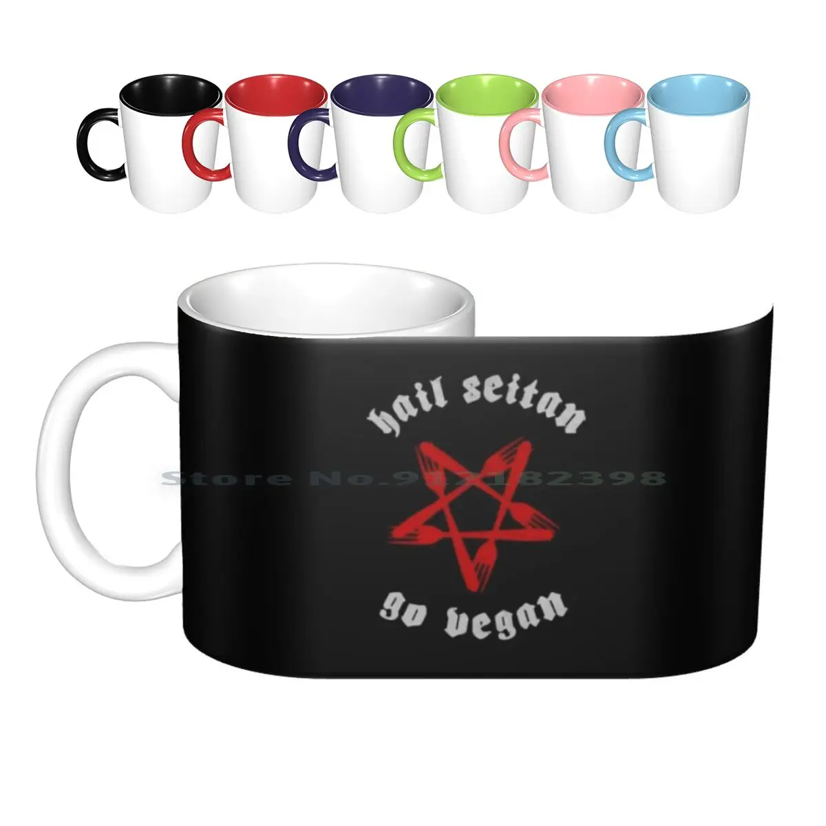 Granizo Seitan , Go tazas de cerámica vegana tazas de café leche té taza vegana Seitan animales Humor divertido Satán tenedor satánico comida