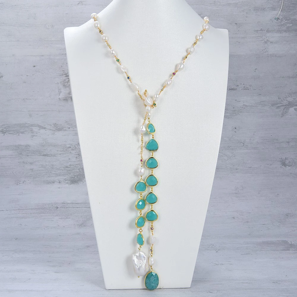 Jewelry Cultured White freshwater Pearl Blue Crystal Bezel Long sweater Chain Necklace Amazonite Keshi Pearl Charm