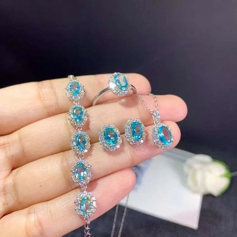 Engagement  Apatite Set Natural and Real Apatite Jewelry Set 925 Sterling Silver 1pc Ring,1pc Pendant,2pcs Earring and Bracelet