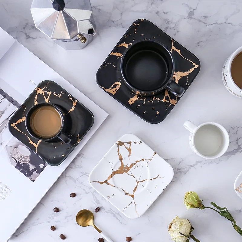 Luxury Marble Ceramic Mugs Coffee Cup Saucer Sets Morning Mug Milk Coffee Tea Breakfast Porcelain Cup With Tray Drop Ship