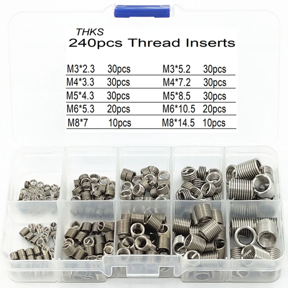 240Pcs Stainless Steel Threaded Insert Wire Screw Sleeve Thread Repair Insert Kit Coiled Wire helical screw thread repair tool