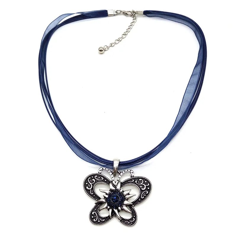 New Vintage Butterfly Necklace Jewelry Fashion Popular Retro Bohemia Style Ribbon Rope Chain Crystal Flowers Pendant Necklace