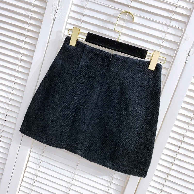 Office Autumn Ladies Sexy Mini Tweed Skirt Buttons High Waist Pu Leather Pocket Women Short Skirts A Line Slim Fit Wrap Skirt