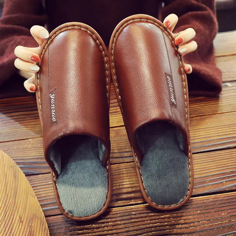 Autumn and winter cow skin cotton slippers men\'s and women\'s indoor antiskid warm waterproof couple leather cotton slippers