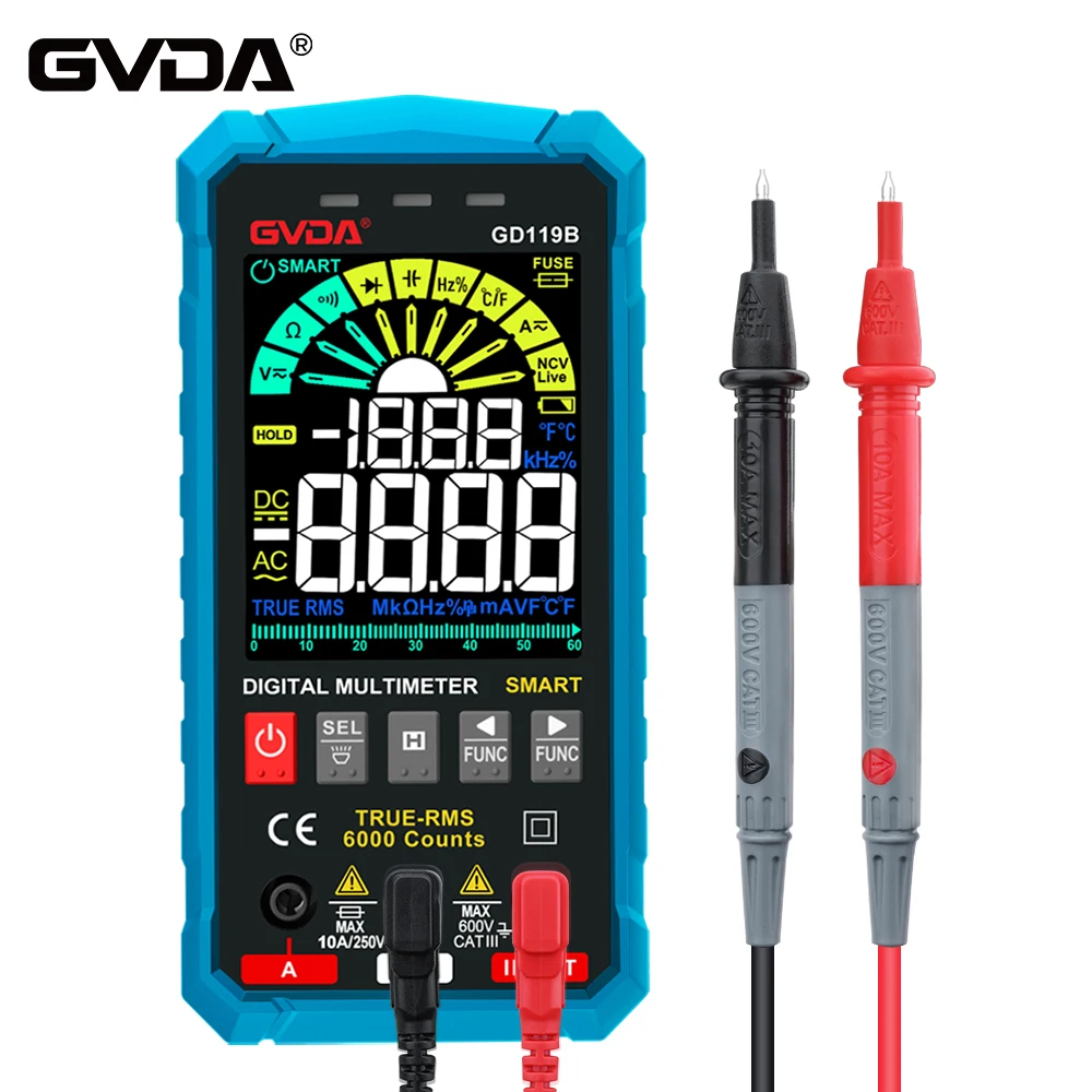 GVDA Digital Multimeter True RMS AC DC Ammeter 6000 Counts Smart Voltage Meter Capacitance Ohm Diode Tester Portable Voltmeter
