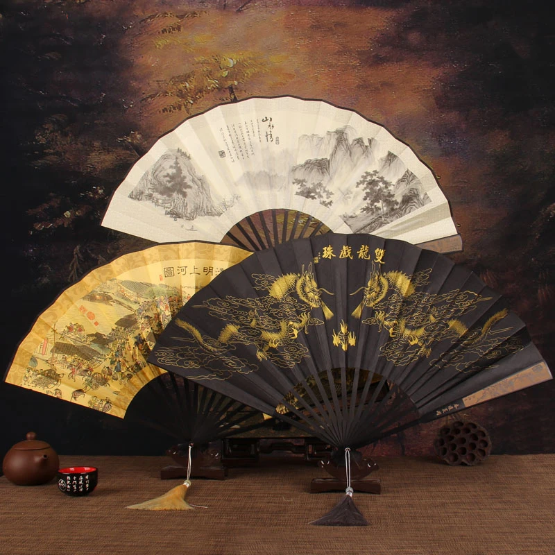 Retro style men\'s big folding fan with fan tassel Portable daily decorative hand fan Laser engraving fan bone Durable hand fan