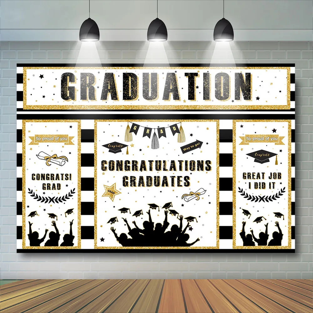 Graduation Party Backdrop Adult Kids Background Gold Glitter Font Undergraduate PhD Photography Customzie Props Photostudio