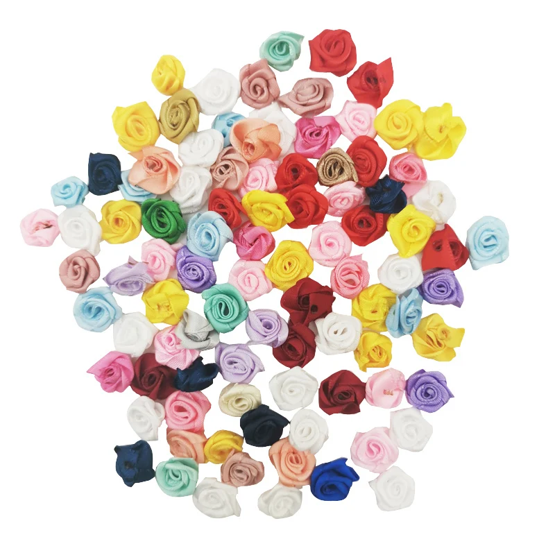 (100pcs/pack) 15mm Mix Colorful Small Flower Mini Handmade DIY Satin Ribbon Rose Head Wedding Scrapbooking Decoration Floret