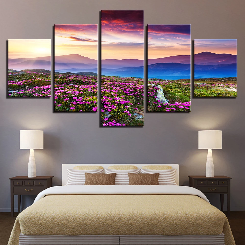 

No Framed Canvas 5Pcs Modular Sunset Flower Landscape Wall Art Posters Prints Pictures Paintings Home Decor Decorations