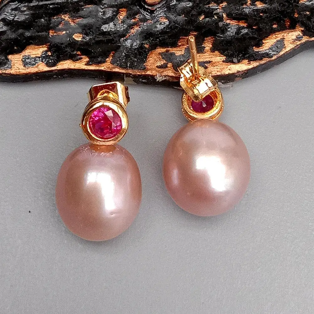 KKGEM Natural 10x13mm Cultured Purple Freshwater Pearl Fuchsia Rhinestone Pave Stud Earrings Wedding for Women view 5