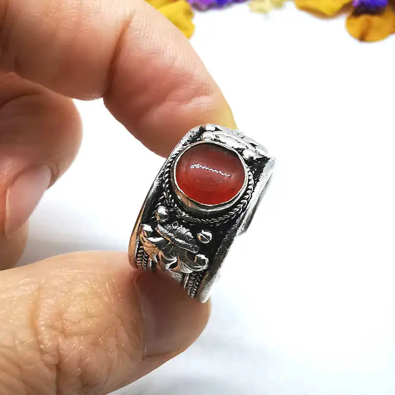 Tibetan Metal Rings Copper Inlaid Natural Agates Ring Nepal Vintage Open Rings Black Red R033