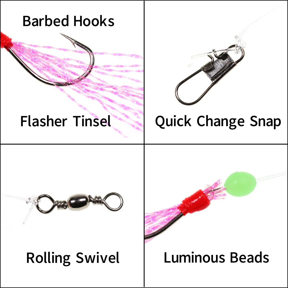 6pcs/lot Saltwater Luminous Fishing Lures Sabiki Rig Carbon Steel String Hooks Long Wire Colored Flash Artificial Bait #7-#15