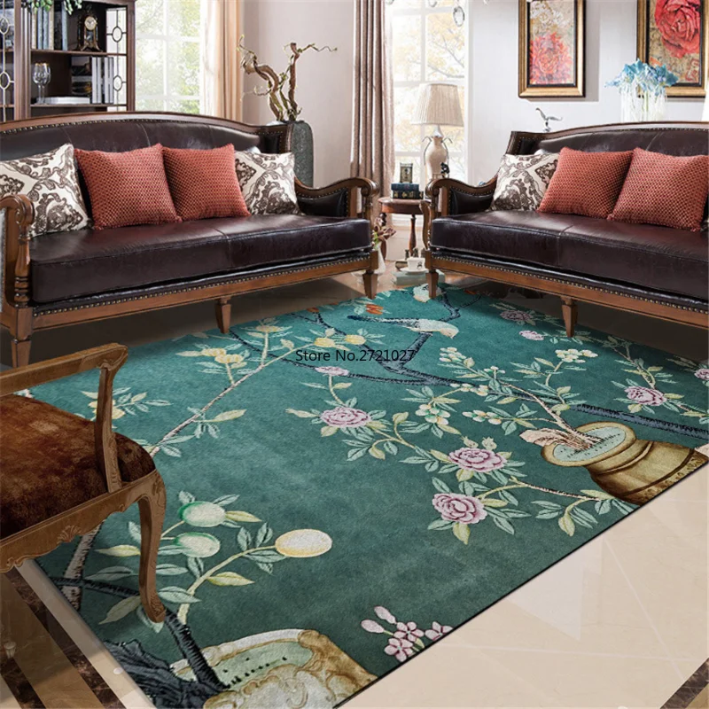 Chinese Country Style Living Room Carpet Blue Green Flower and Bird Pattern Entrance Carpet Bed Carpet Mat Decorative Floor Mat