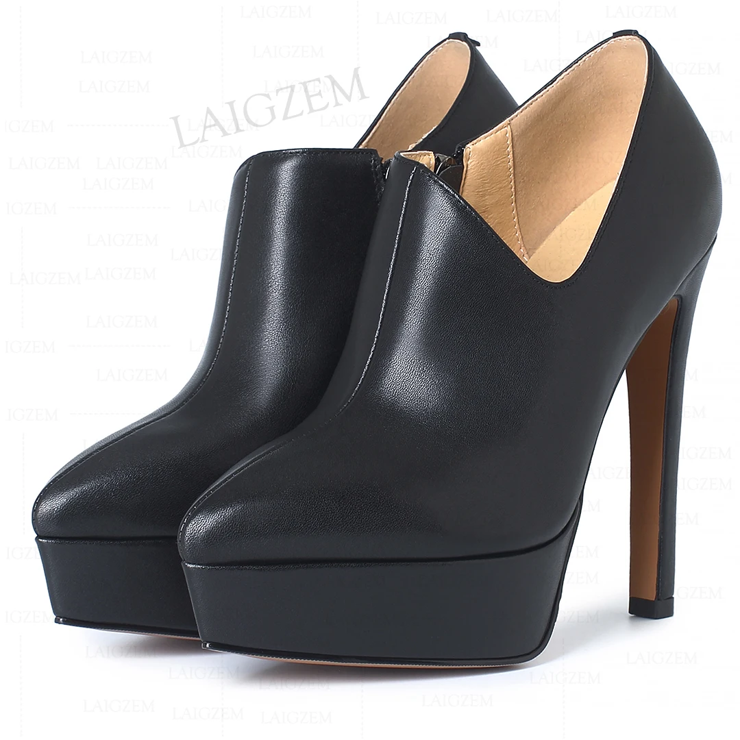 LAIGZEM Women Ankle Booties Genuine Leather Platform Side Zip Thin High Heels Short Boots Quality Shoes Woman Size 33 36 39