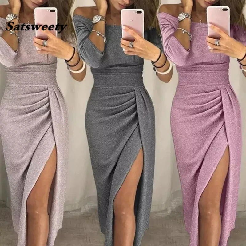 

Платье для выпускного вечера с открытыми плечами и высоким разрезом, блестящие сексуальные платья с длинным рукавом, платье для коктейвечерние, вечернее платье, официальное платье