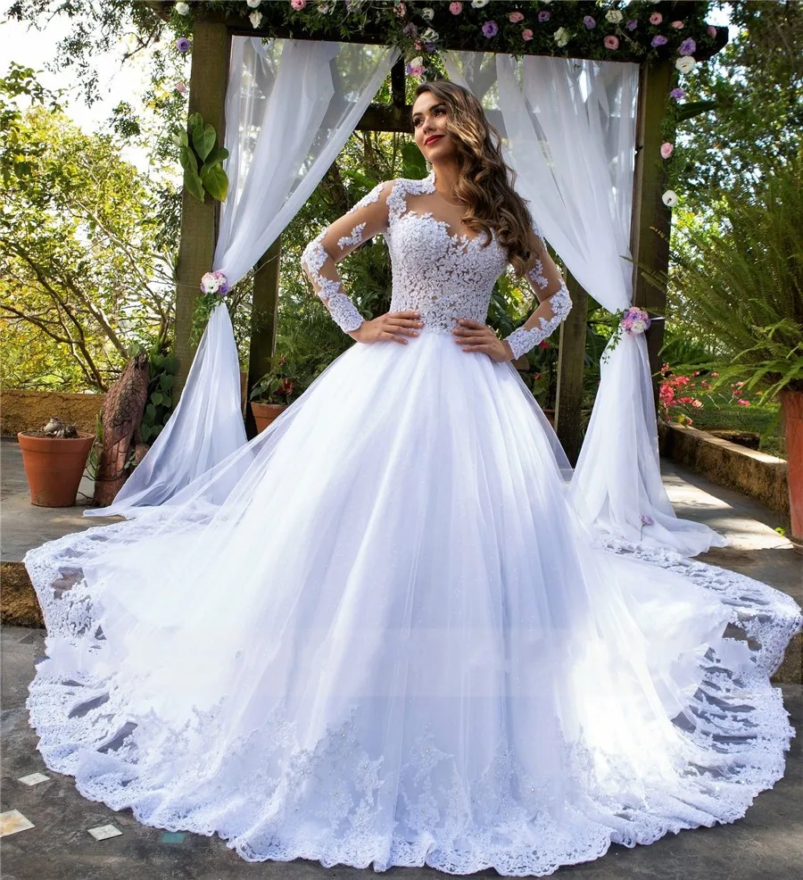 Abito da sposa a maniche lunghe bianco puro a maniche lunghe trasparente con abito da sposa con cristalli treno cappella VESTIDO DE NOIVA