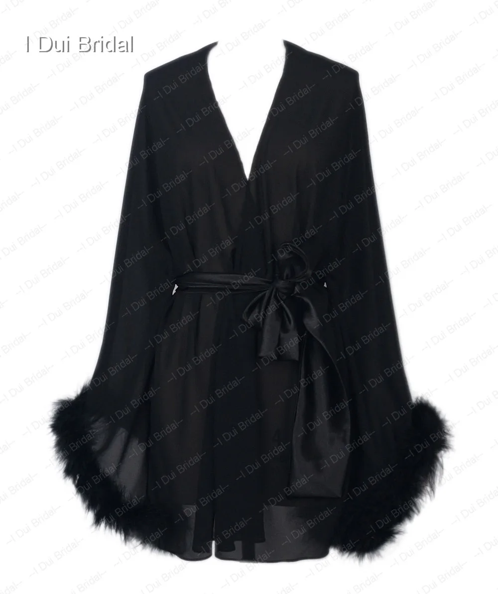 Bride Short Chiffon Robe with Marabou Trim on Sleeve Summer Holiday Dress with Sash Sexy Night Gown Pajamas Bachelore Party Robe