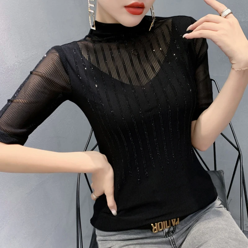 

Women T-shirt 2021 New Arrival Summer Sexy Slim Net Yarn Diamond Female T-shirt Fashion Korean Style Black Red Brown c44