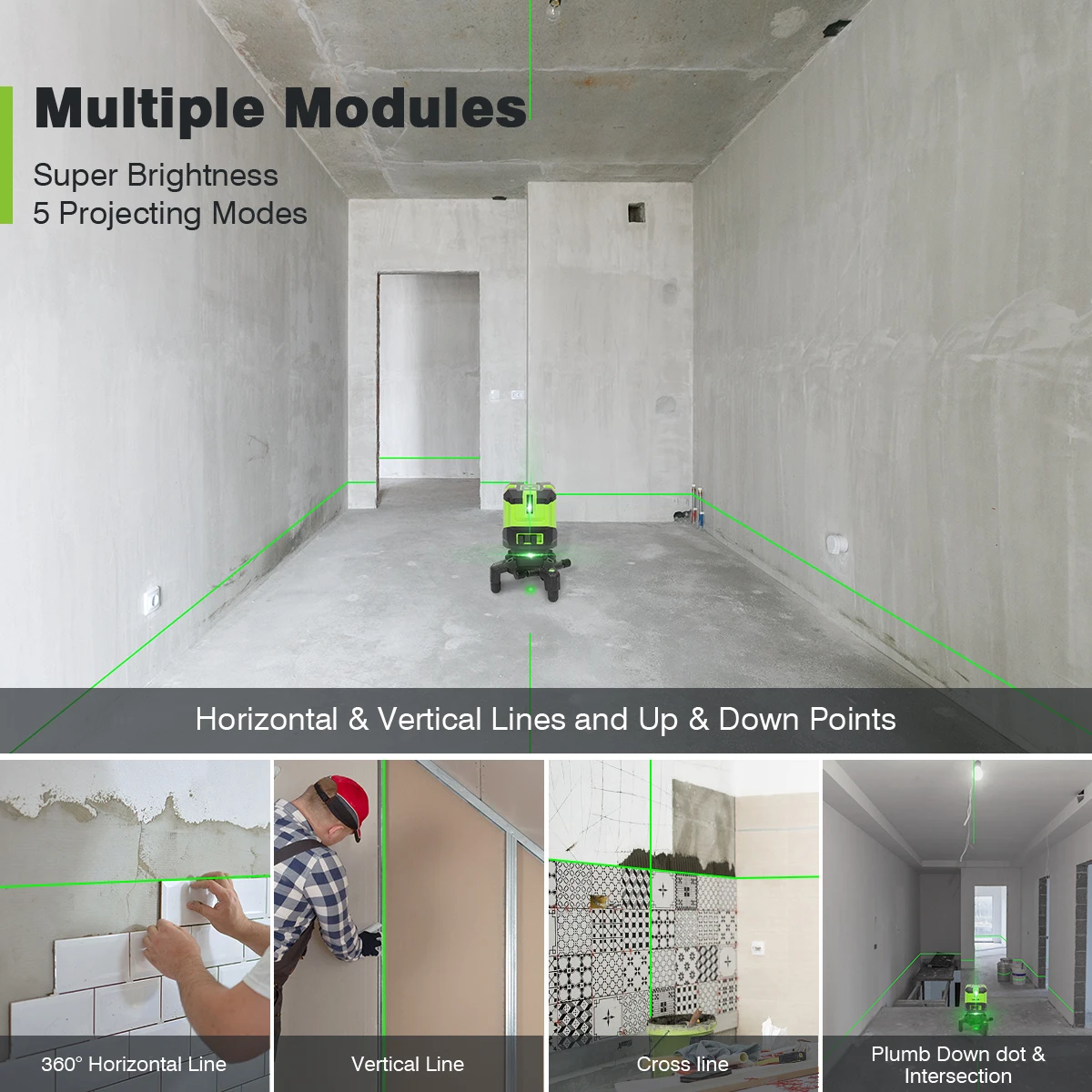 Huepar Cross Line Laser Level Green 360° Horizontal &Vertical Line & Plumb Dot Self-Leveling Li-ion Battery Type-C Charging Port