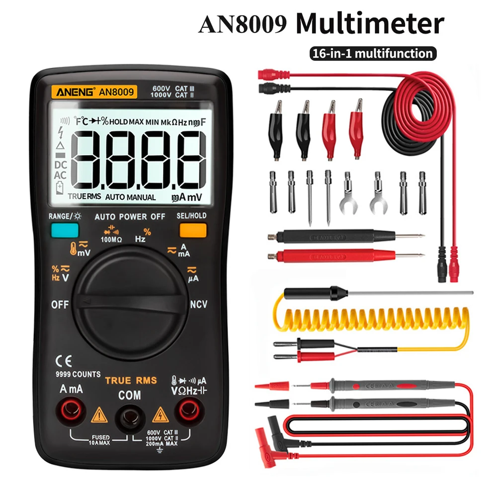 AN8009 Multimeter Digital Transistor Testers Capacitor True-RMS Tester Automotive Electrical Capacitance Meter Temp Diode