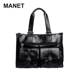 MANET Multifunctional Men Handbag PU Leather Shoulder Bags Solid Black Male Business Large Capacity Messenger Bag Laptop Case