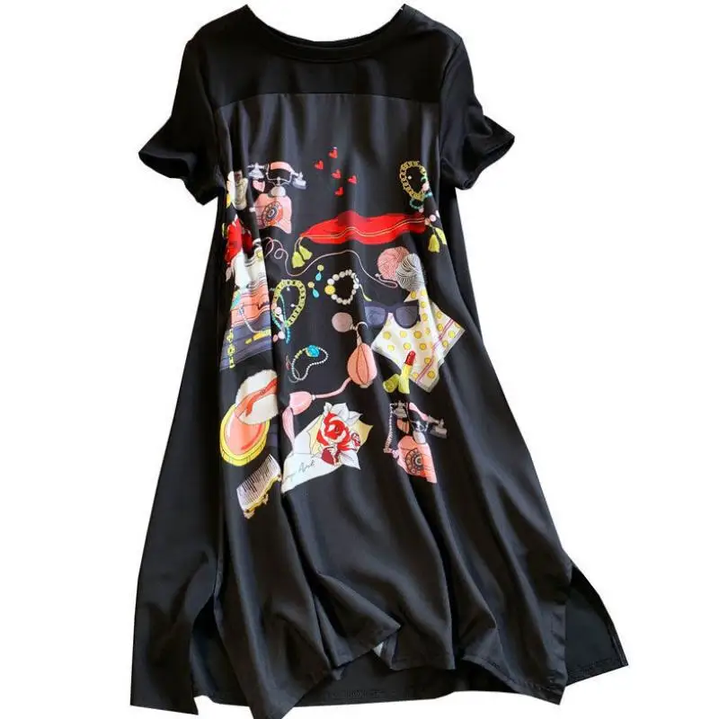 Summer Dress Women New Large Size Slimming Loose Fashion Belly-covering Length Black Spliced Printing Vintage Oversized Dress