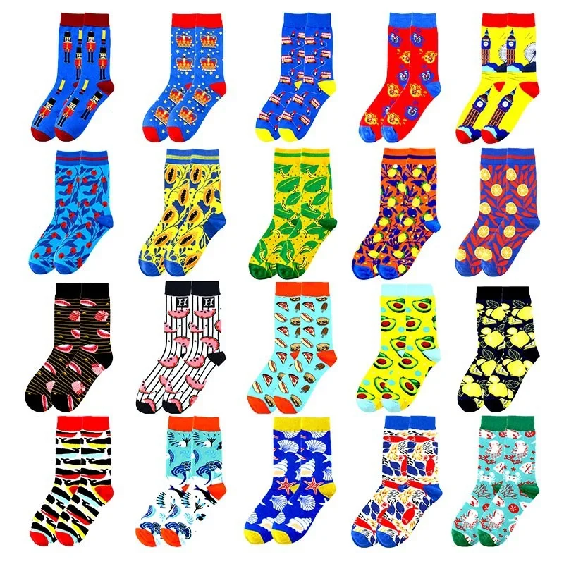 New  Autumn Winter Socks Men Funny Fruit Sea Food Pattern Happy Socks Avocado Lemon Pizza Harajuku Calcetines Men