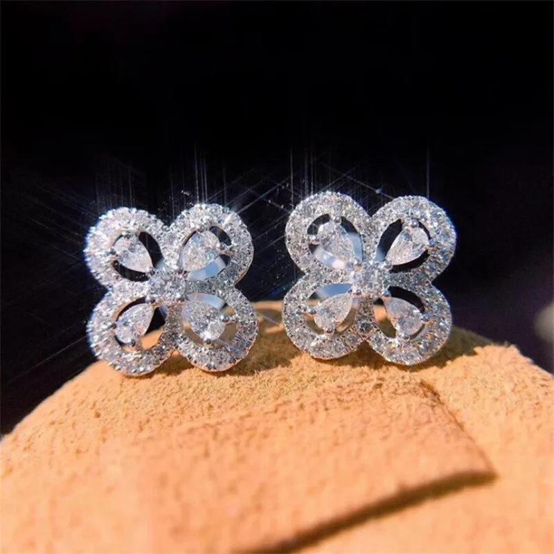 

New Arrival Unique Four Leaf Luxury Jewelry Pear Cut White Topaz 925 Sterling Silver CZ Diamond Classic Women Stud Earring