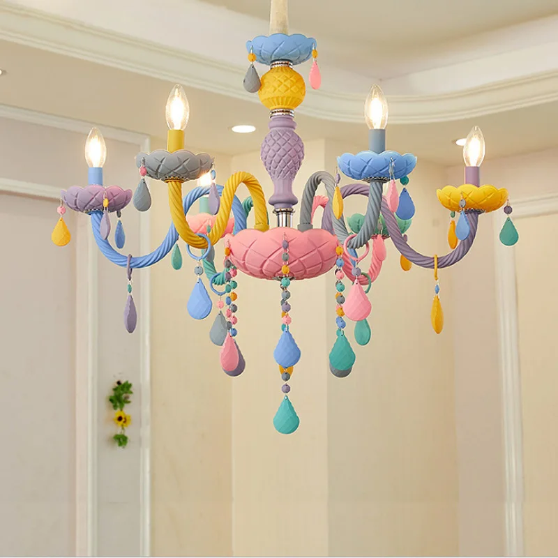 Modern Macaron Colorful Crystal Chandelier Rainbow Candle lustres American girl princess Children room Luminaire light fixtures