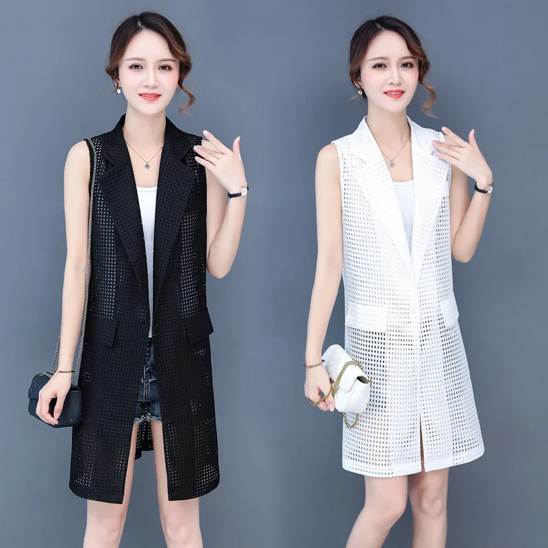 Korean Fashion Midi Gilet Coat Women Vest Cardigan Loose Ladies Jackets Hollow Out Colete New Street Punk Style Chaleco Mujer