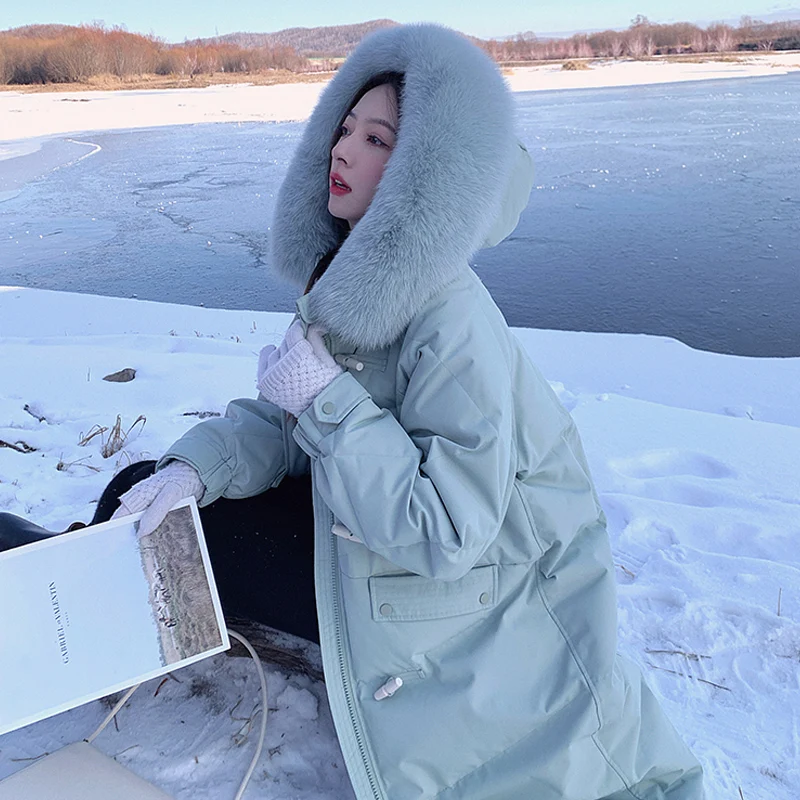 Jaqueta longa de inverno feminina, casaco solto e grosso com gola grande de pele e calor para mulheres, estilo coreano, 2021