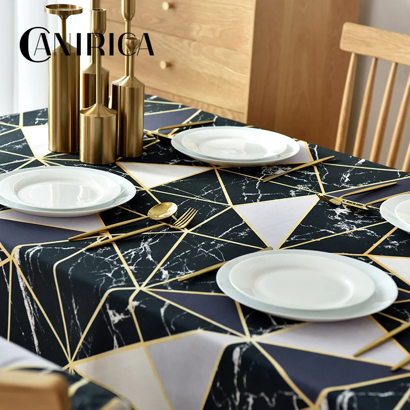 CANIRICA Table Cloth Linen Tablecloth Geometric Dinning Table Cover Black Gold Nappe De Table Rectangulaire Kitchen Accessories