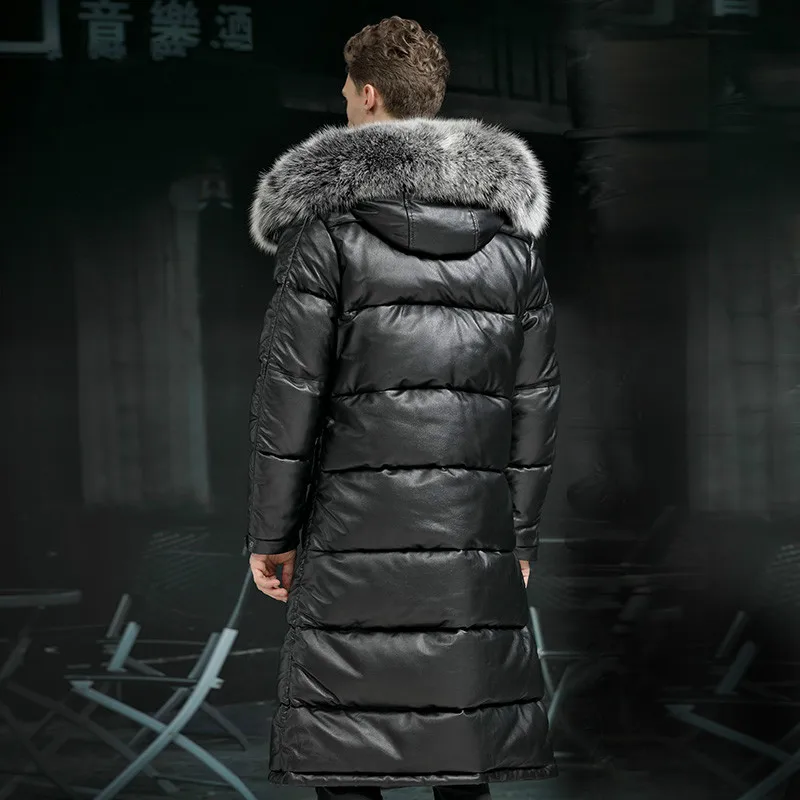 Minus 40 degrees Celsius Warm Top Layer Cowhide Genuine Leather Jacket Men X-Long Duck Down Leather Coat Real Fur Hooded Coats