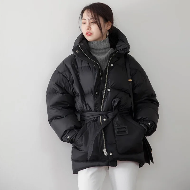 2022 Black Women\'s Fashion Down Parka Winter Jacket Simple Cuff Design Windproof Warm Female High Quality Coats With Belt YRF75