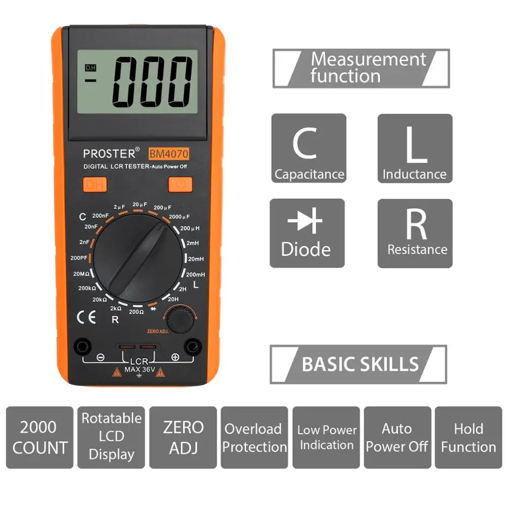 Proster LCR Meter Capacitance Inductance Resistance Digital Multimeter Measuring Meter Over Range Display with Crocodile Clips