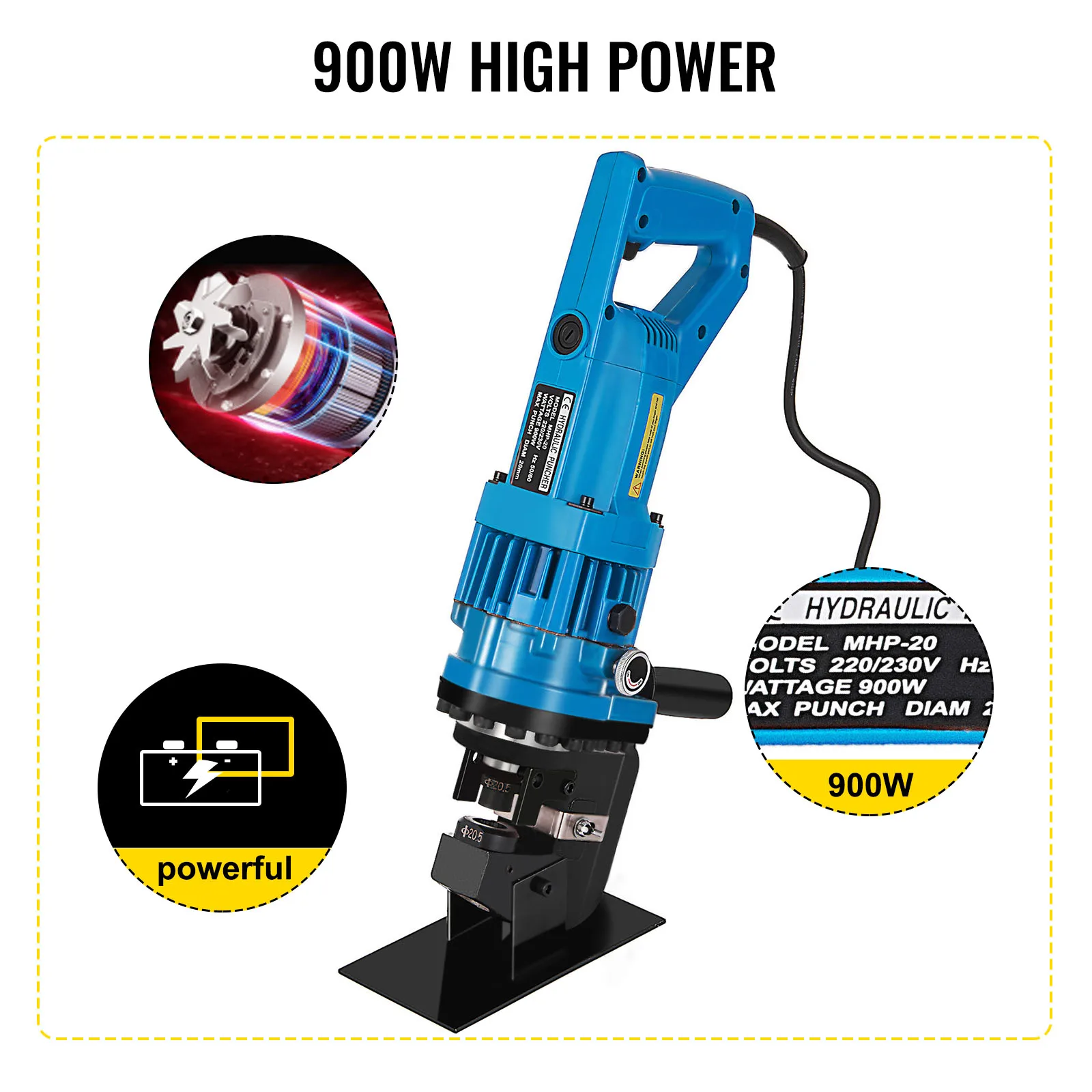 VEVOR MHP-20 900W elettrico pratico perforatore idraulico 6mm Knockout Punch Tools 5 matrici Set su piastra in acciaio piastra in ferro alluminio