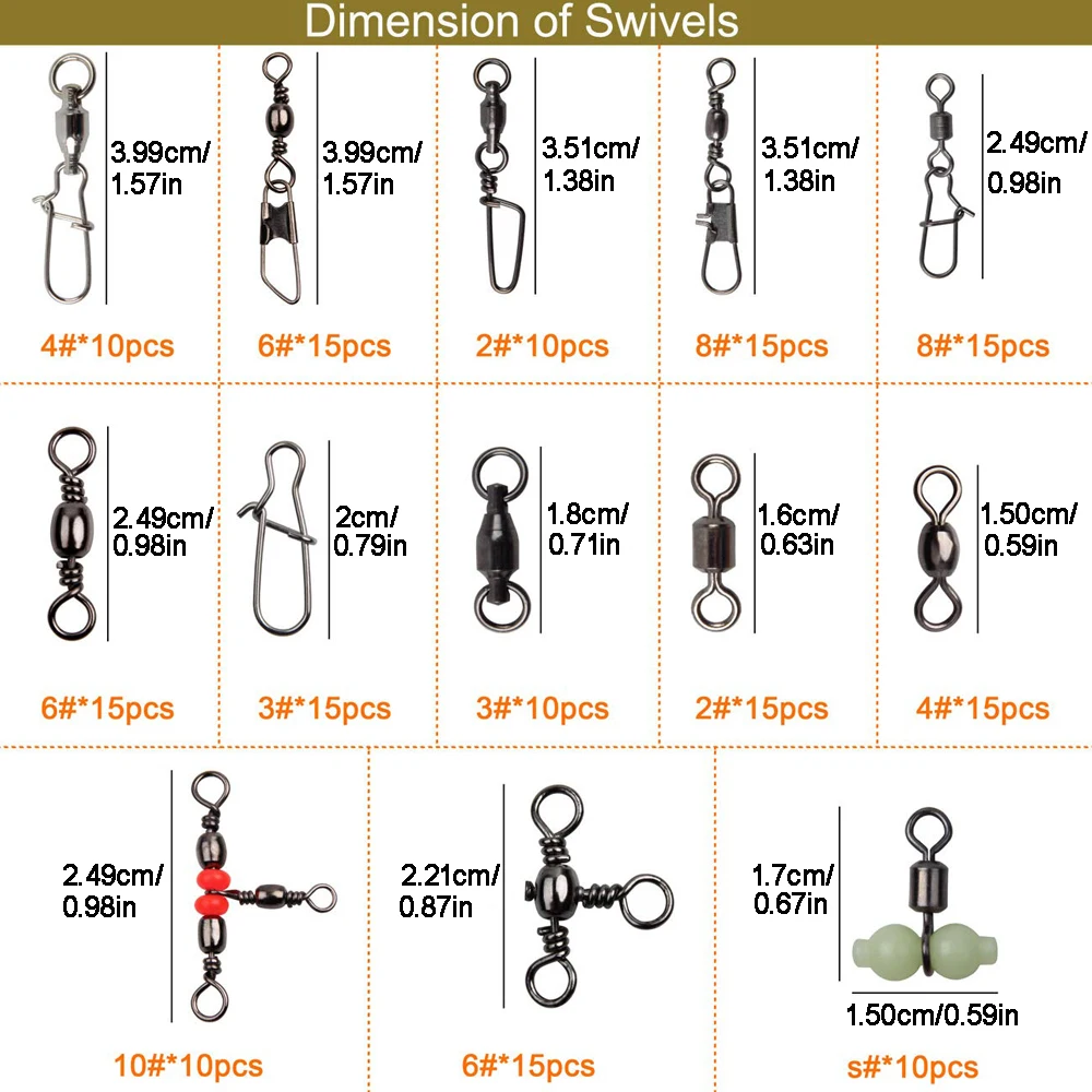 170Pcs/Box Fishing Swivels Kit With Ball Bearing Swivel Rolling Barrel Swivel Duo Lock Snap Fishing Line Connector For Bass